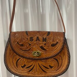 Vintage Personalized SAM. Tan Faux Leather Crossbody Tool Crafted Purse Bag